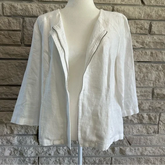 Chico's Women's Solid Linen Jacket Casual Modern Alabaster w/zip. Size 2 White - Picture 2 of 8